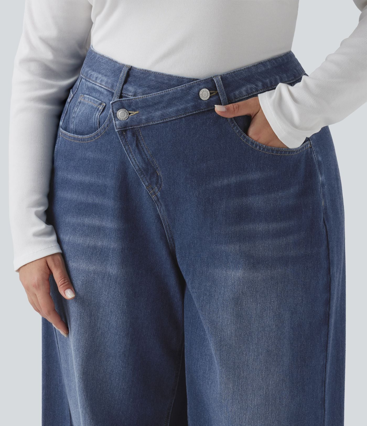 Jean large Halara Flex™ ample casual délavé taille haute asymétrique grande taille avec poches