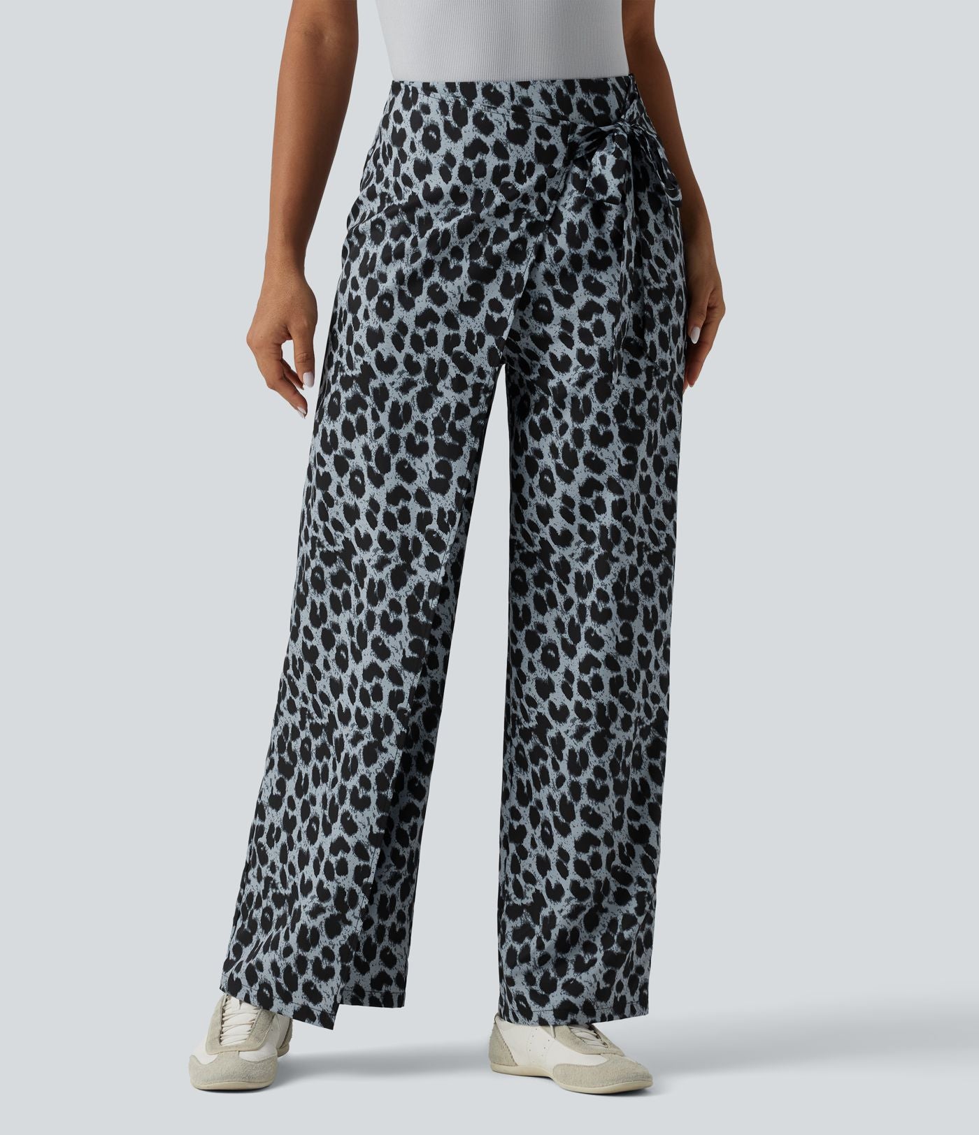 Pantalon tailleur large taille haute imprimé léopard avec liens latéraux