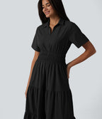 Robe-chemise midi fluide et décontractée en popeline extensible à manches courtes et poches