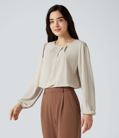 Blouse tailleur décontractée col rond dos keyhole manches bouffantes ourlet arrondi