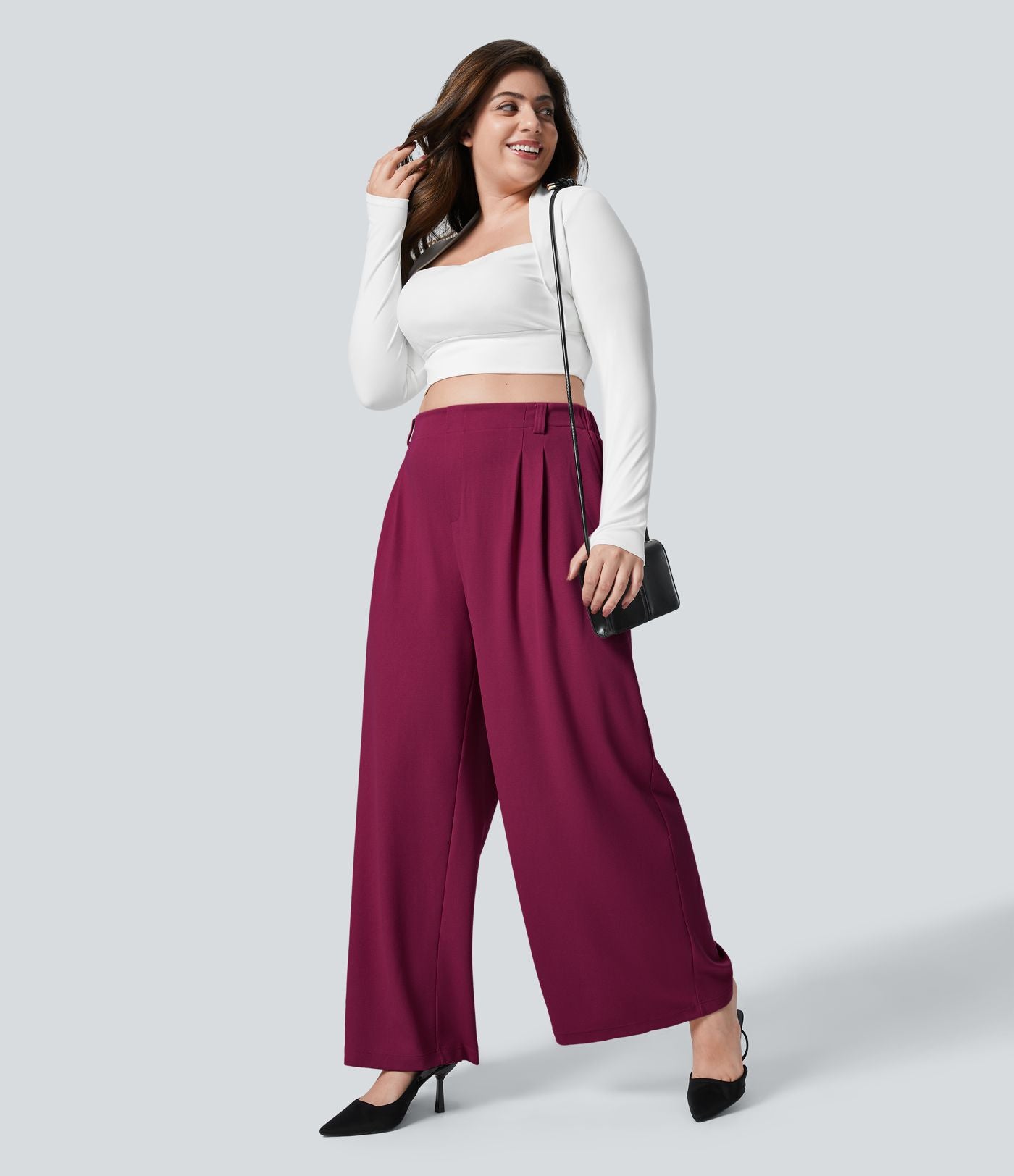Halara Flex™ Pantalon tailleur Grande taille à Taille Haute, Poches Latérales Plissées, Jambes Larges, en Tissu Gaufré