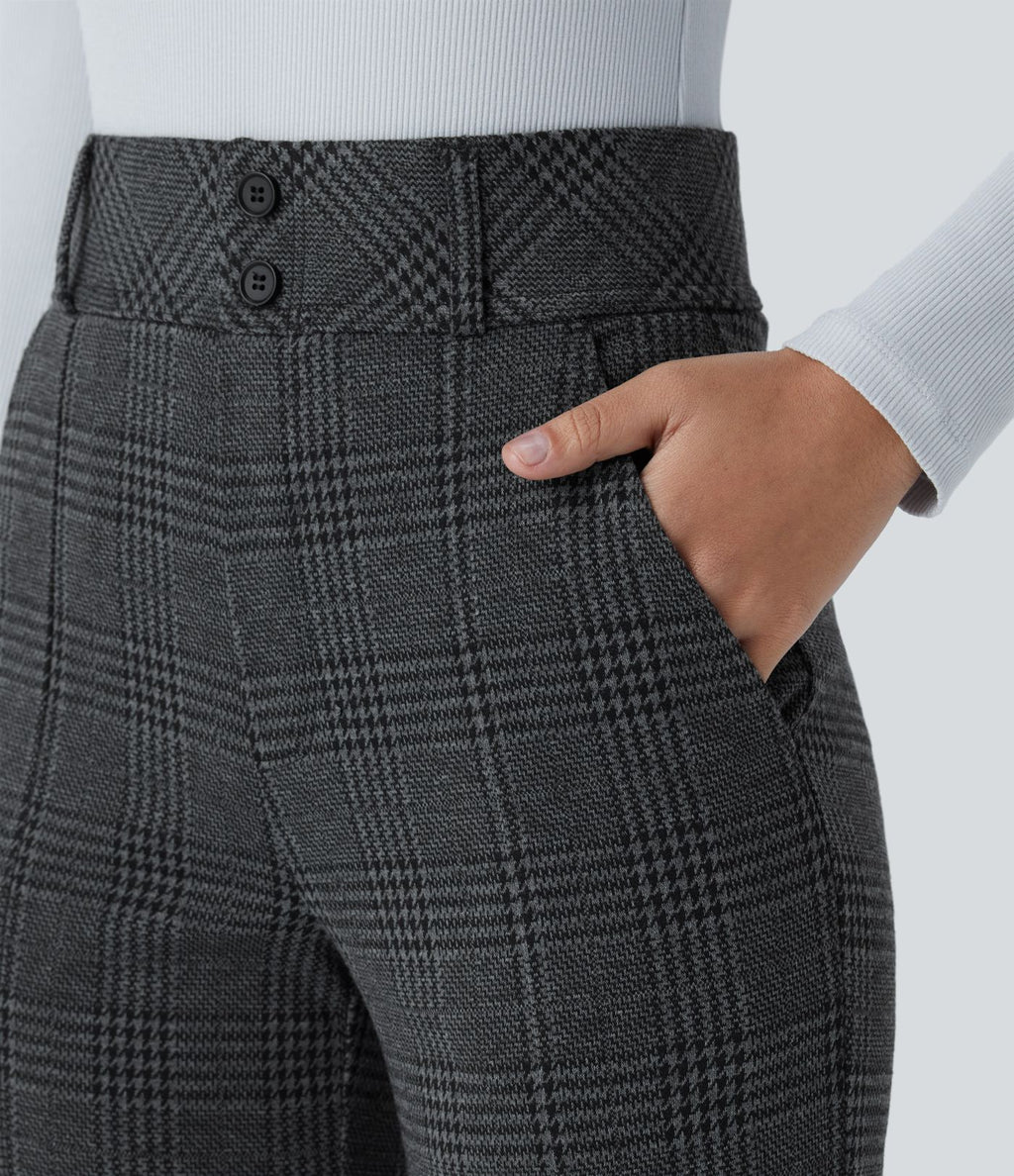 Halara Flex™ Pantalon tailleur évasé à carreaux pied-de-poule, taille haute avec boutons décoratifs et poches latérales