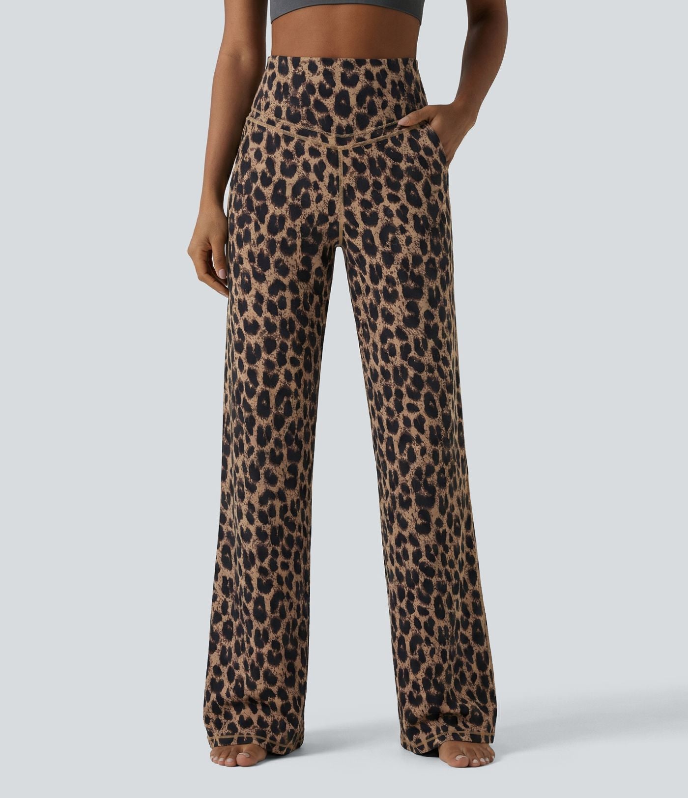 Pantalon de yoga jambes droites taille haute gainant imprimé léopard Halara UltraSculpt™ avec poches