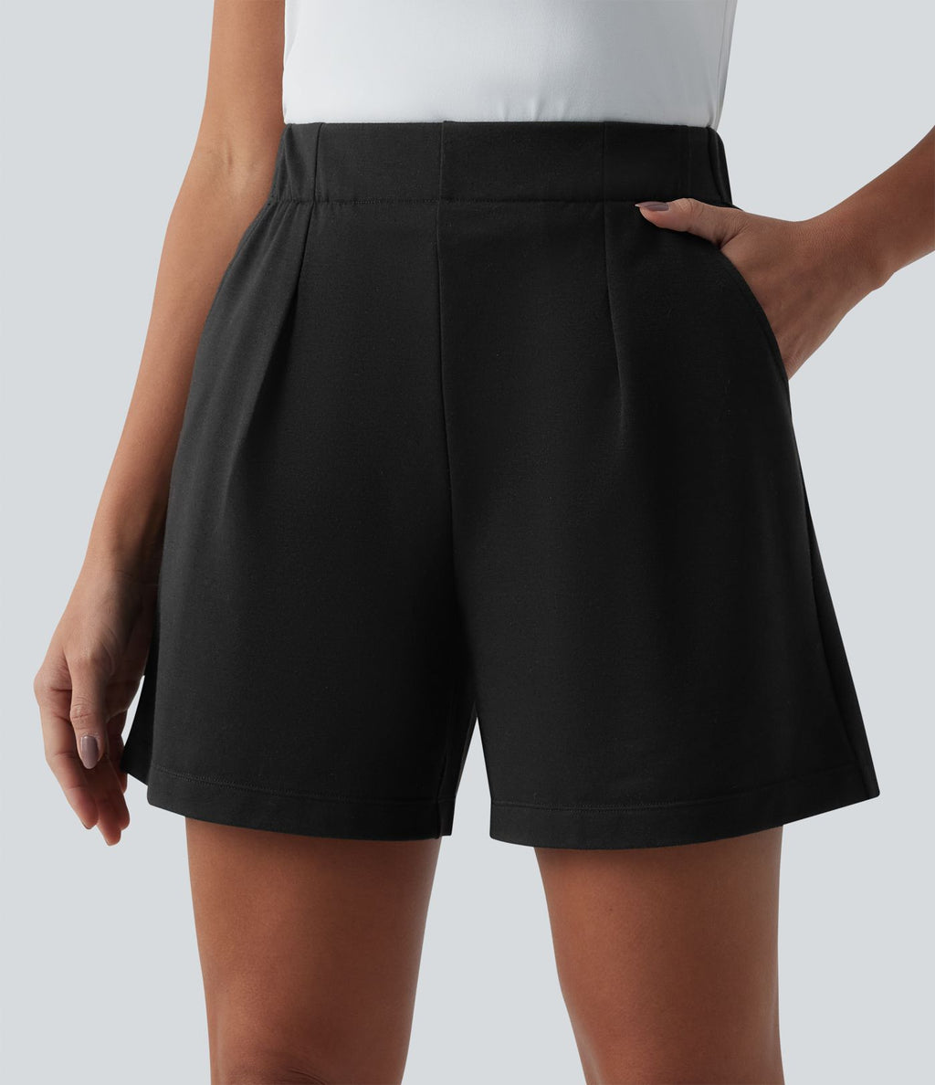 Short sweat décontracté ample taille haute plissé avec poches