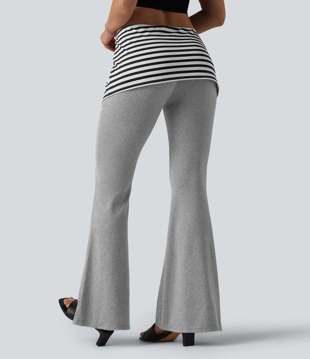 Pantalon évasé taille basse rabattable à rayures chiné