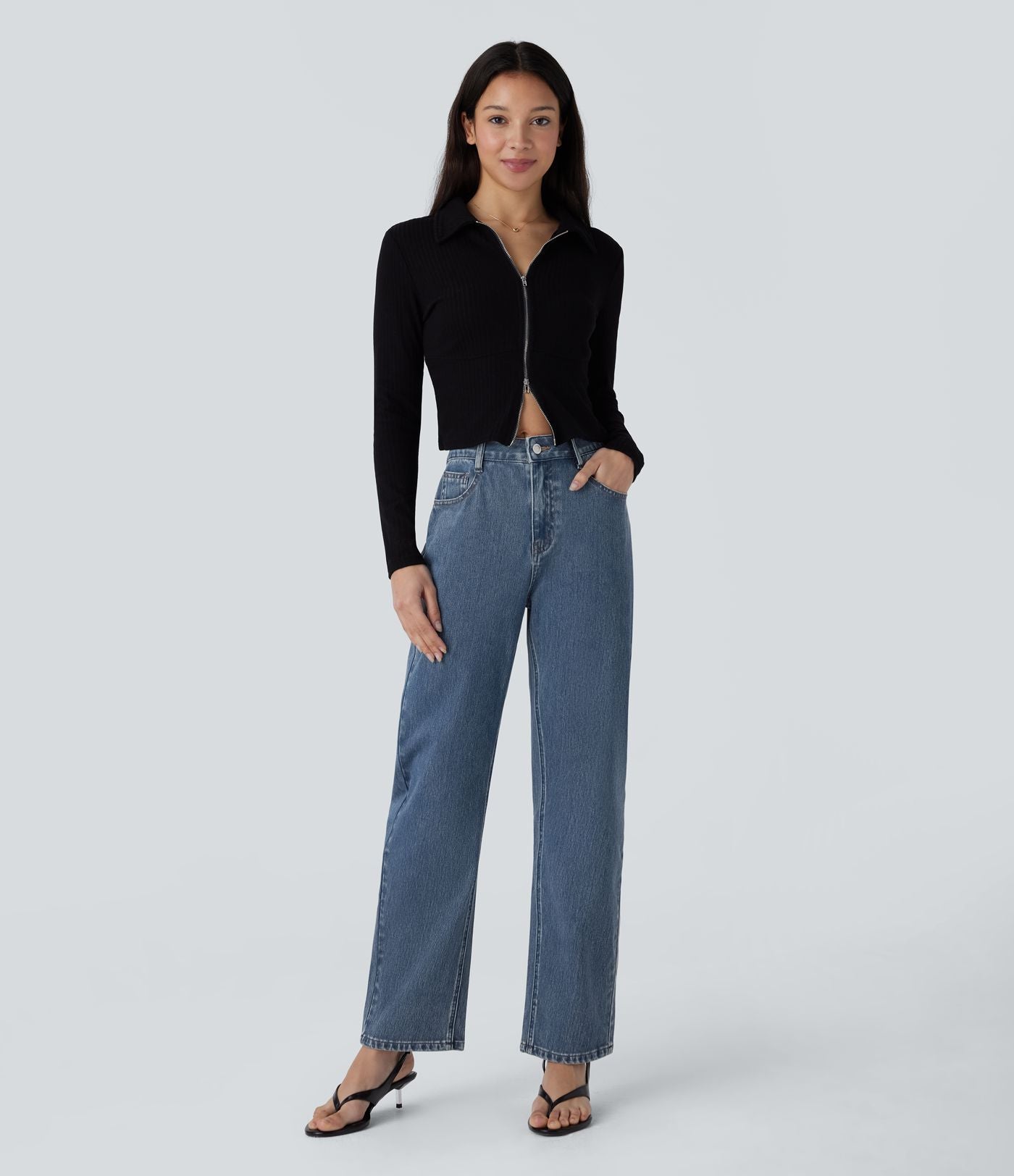 Halara Flex™ Jean droit extensible à taille haute avec bouton, fermeture éclair et poches multiples