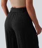 Pantalon casual ample taille haute aspect lin avec ceinture et poches