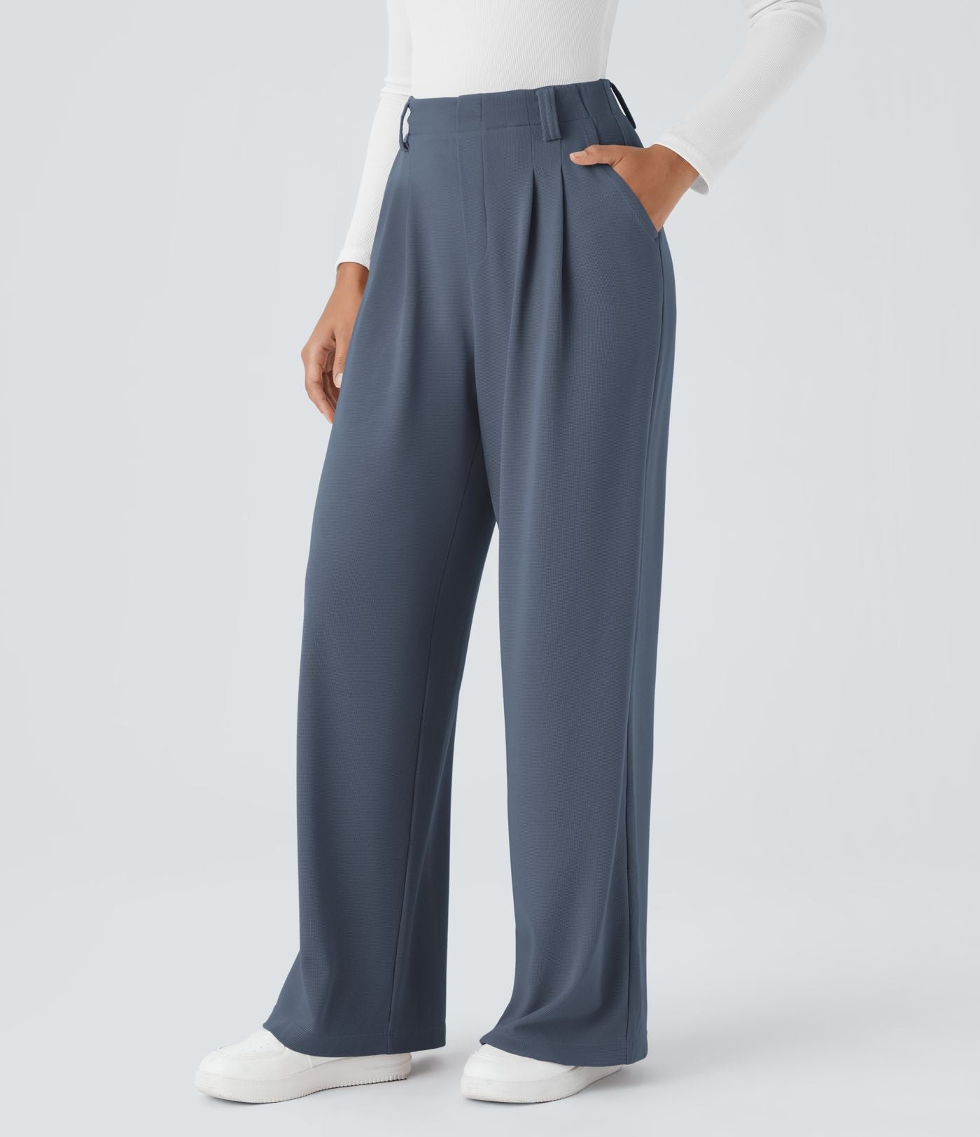 Halara Flex™ Pantalon Tailleur en tissu gaufré à taille haute, jambes larges, plis et poches latérales