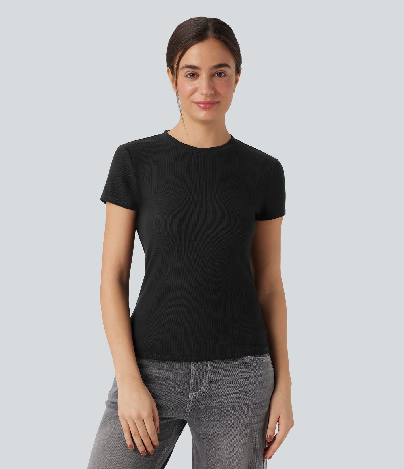 T-shirt décontracté ajusté maille côtelée col rond manches courtes