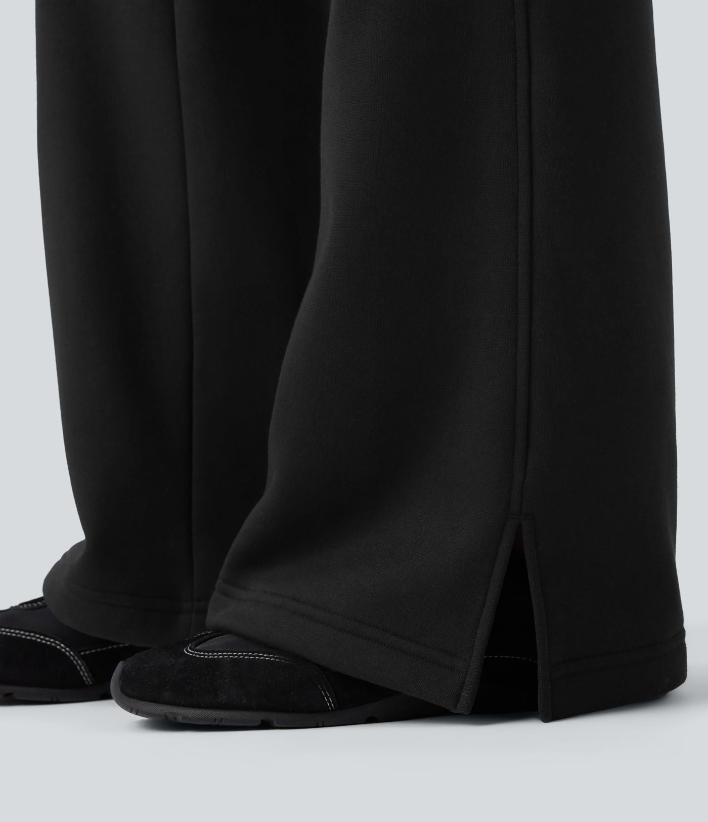 Pantalon jogging évasé molleton coton taille haute avec cordon de serrage, poches, empiècements contrastés et ourlet fend