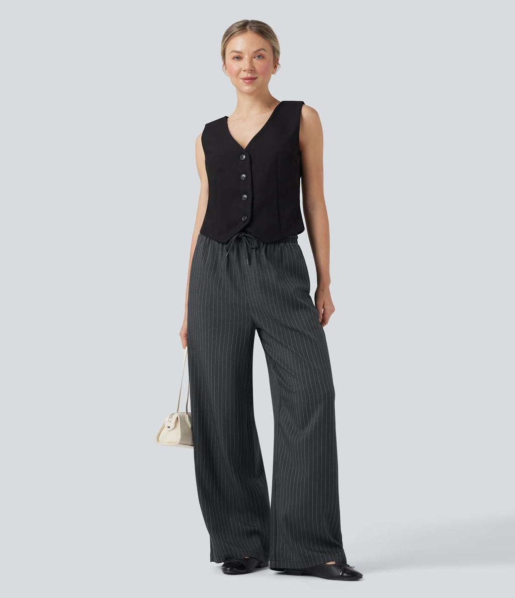 Pantalon décontracté large rayé taille haute avec cordon et poches