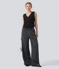 Pantalon décontracté large rayé taille haute avec cordon et poches