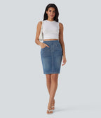 Halara Flex™ Jupe en Jean décontractée stretch délavé à taille haute, multiples poches et fente latérale