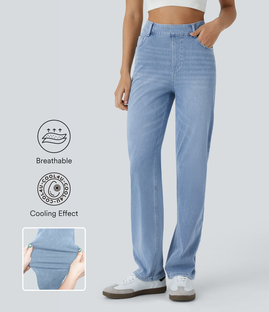Jean droit slim Halara Flex™ taille haute avec multiples poches effet frais InstantCool en maille denim extensible délavée