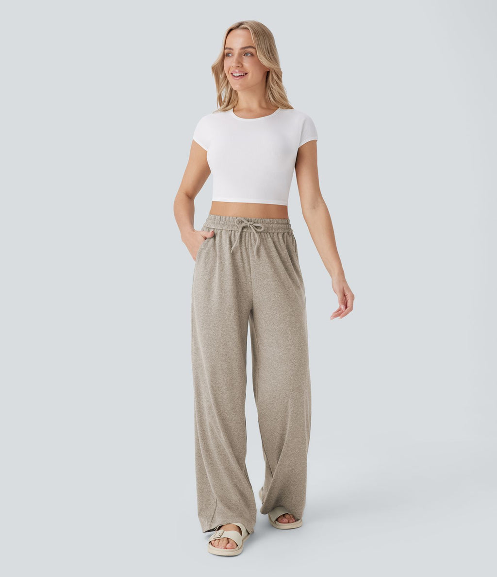 Pantalon large décontracté taille haute avec cordon de serrage et poches latérales