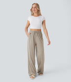 Pantalon large décontracté taille haute avec cordon de serrage et poches latérales