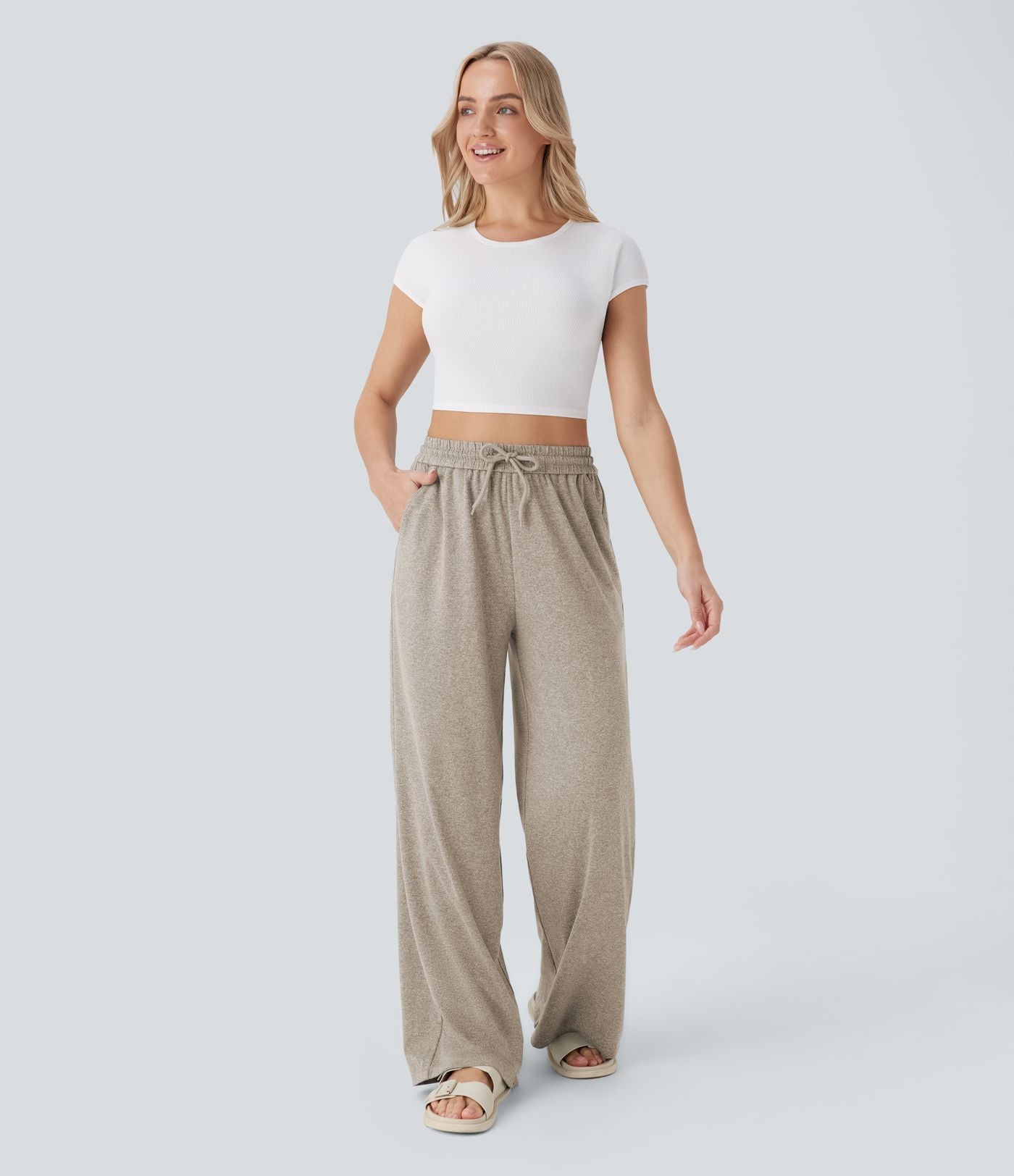 Pantalon large décontracté taille haute avec cordon de serrage et poches latérales