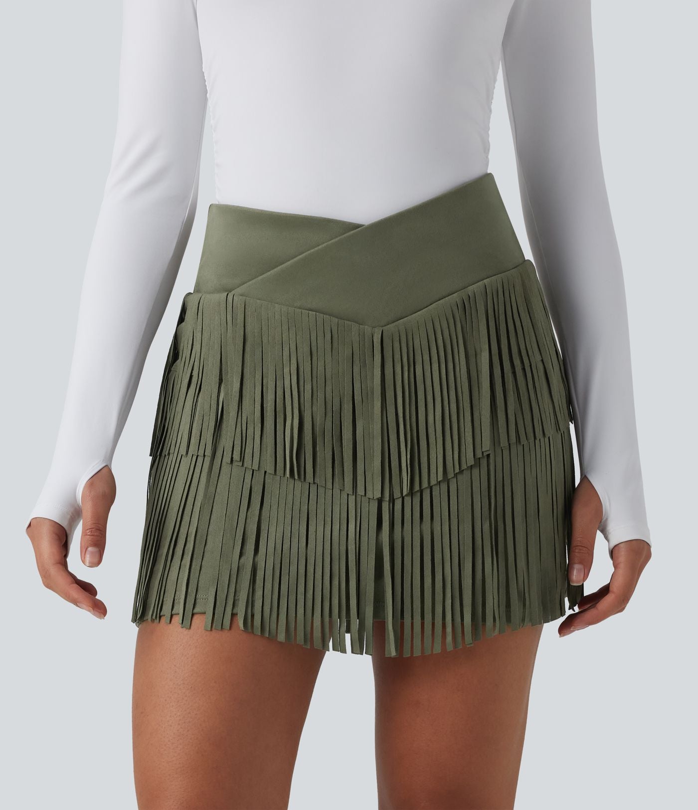 Jupe mini de soirée ajustée effet daim taille haute croisée 2-en-1 à franges