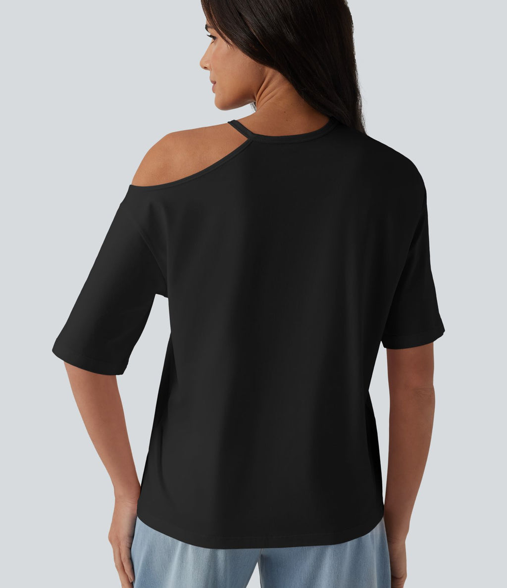 T-shirt décontracté en coton, encolure ronde, découpes et manches mi-longues