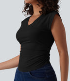 T-shirt décontracté col V manches courtes ourlet arrondi froncé