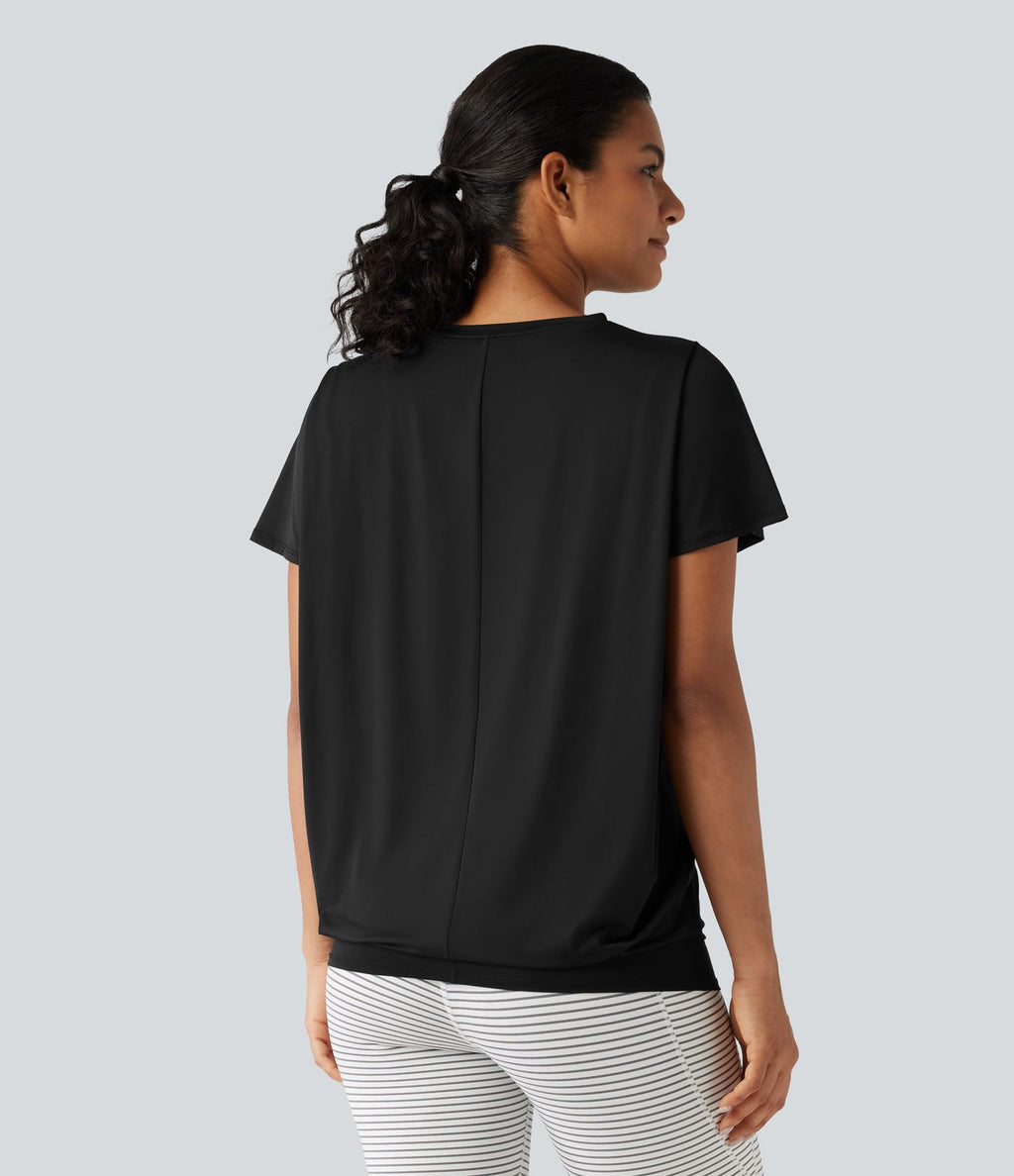 Haut de yoga effet frais InstantCool longueur allongée à manches courtes, encolure arrondie, fronces et protection solaire UPF50+