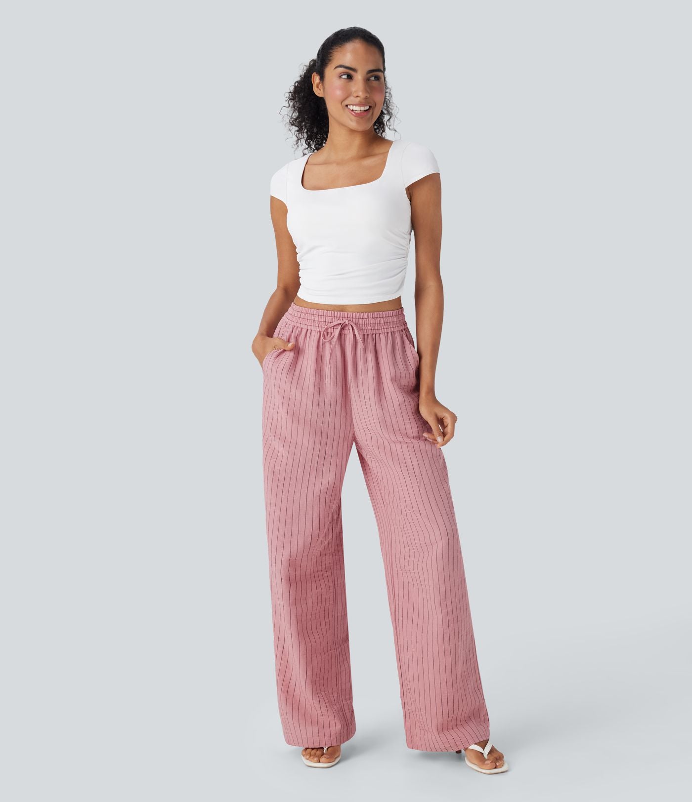 Pantalon large fluide taille haute avec cordon de serrage, rayures, aspect lin et poches latérales