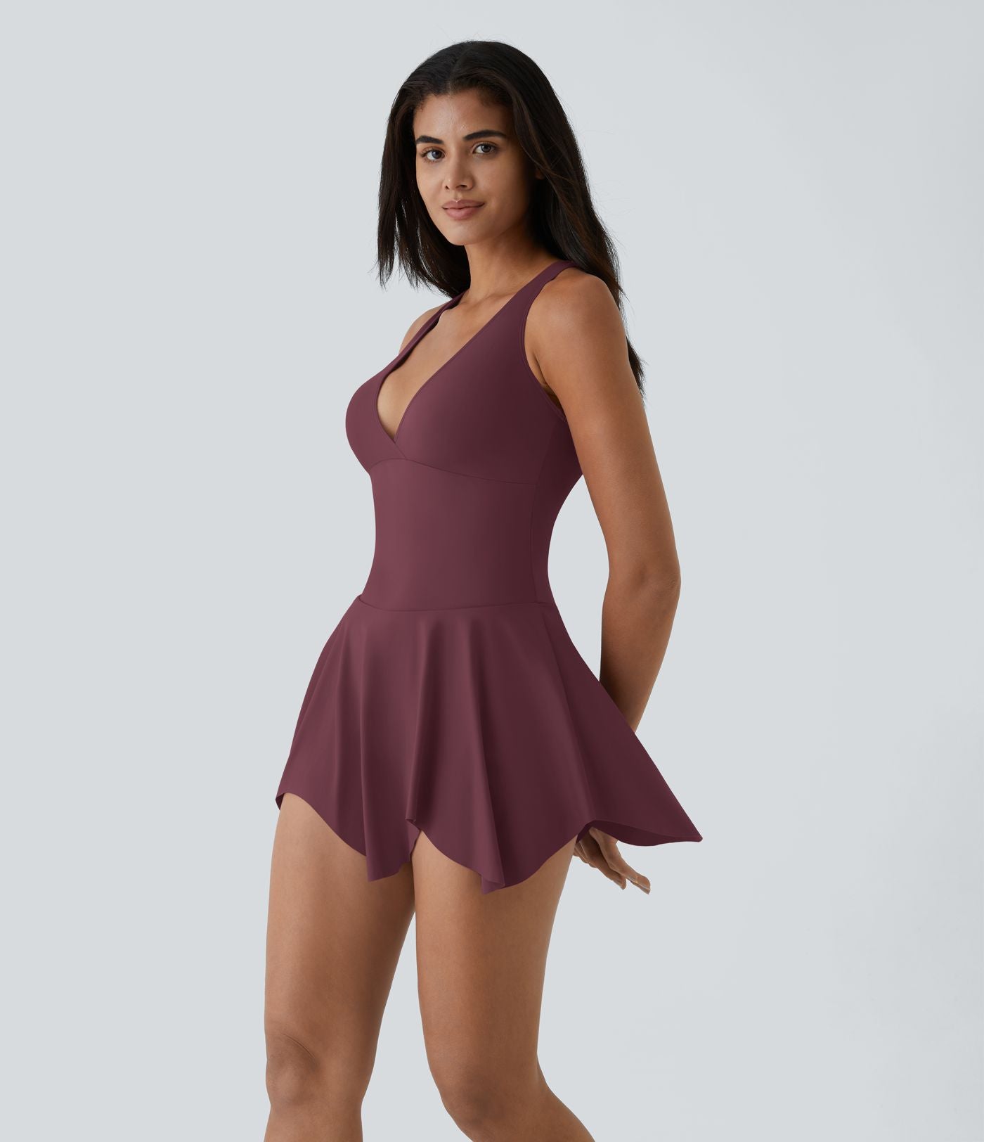 Robe Casual Mini Évasée 2-en-1 à Col V Profond Dos Nageur et Poches Latérales