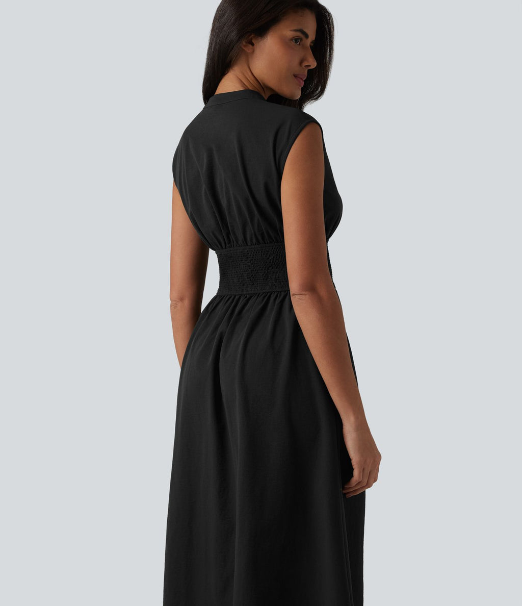 Robe tailleur midi col V sans manches fermeture éclair bidirectionnelle avec poches