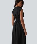 Robe tailleur midi col V sans manches fermeture éclair bidirectionnelle avec poches