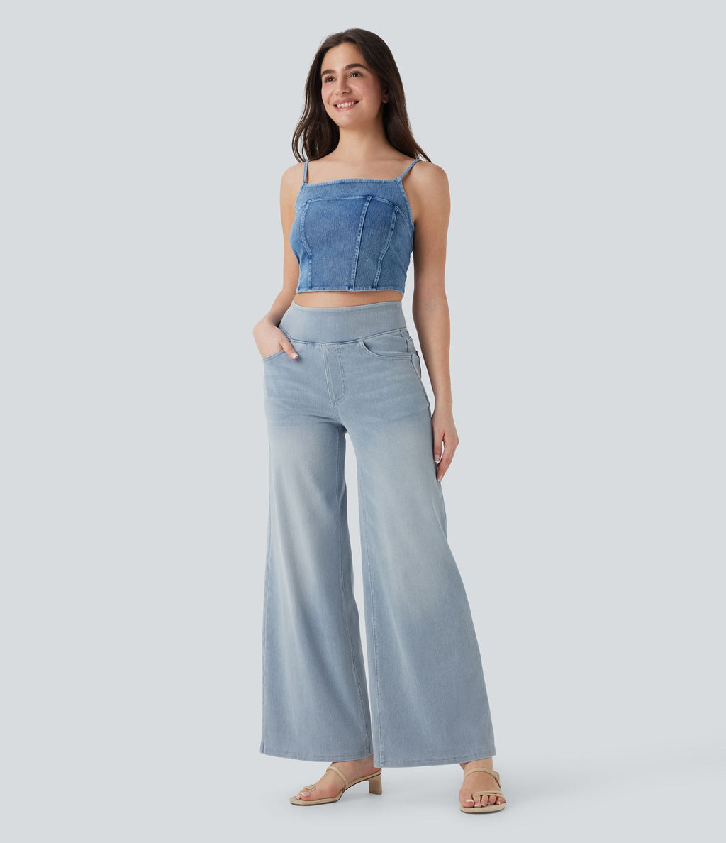 Halara Flex™ Jean Large Casual Taille Haute Poches Multiples Tricot Extensible Délavé