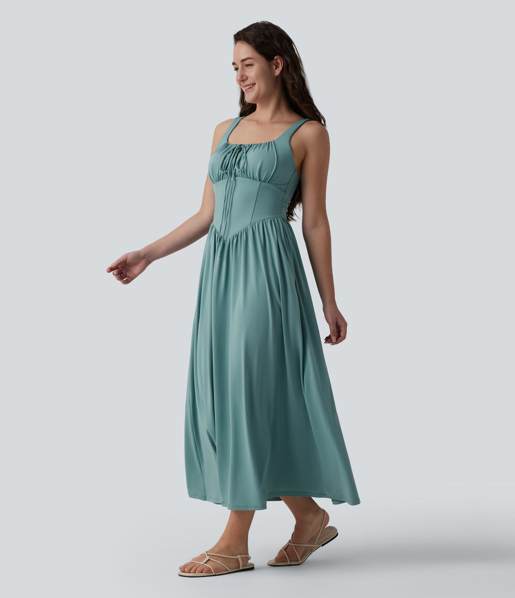 Robe midi fluide casual col carré à corset et nœud devant avec poches