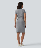 Robe courte moulante casual col rond manches courtes à rayures avec brassière intégrée