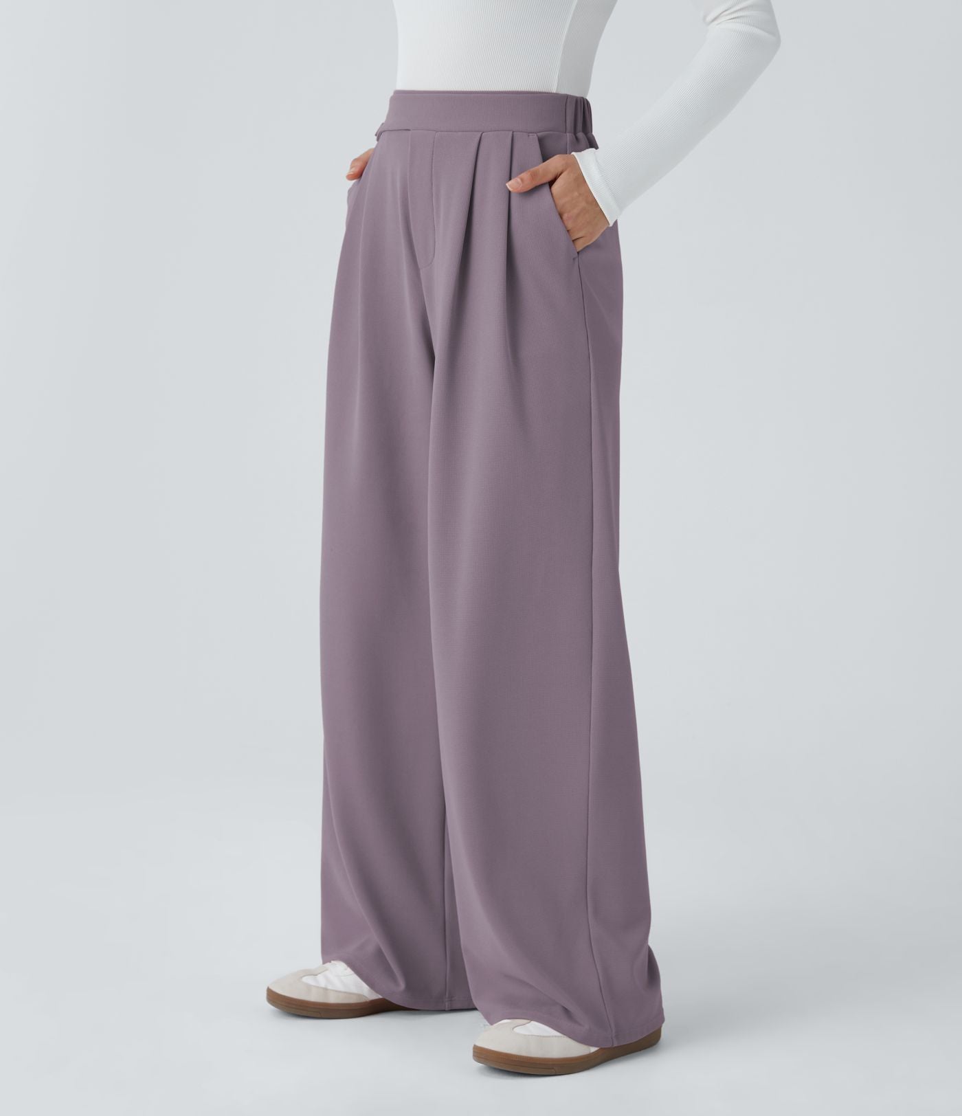 Pantalon taille haute décontracté large en maille gaufrée, avec poches