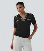 Pull casual manches courtes demi-zip découpes color block