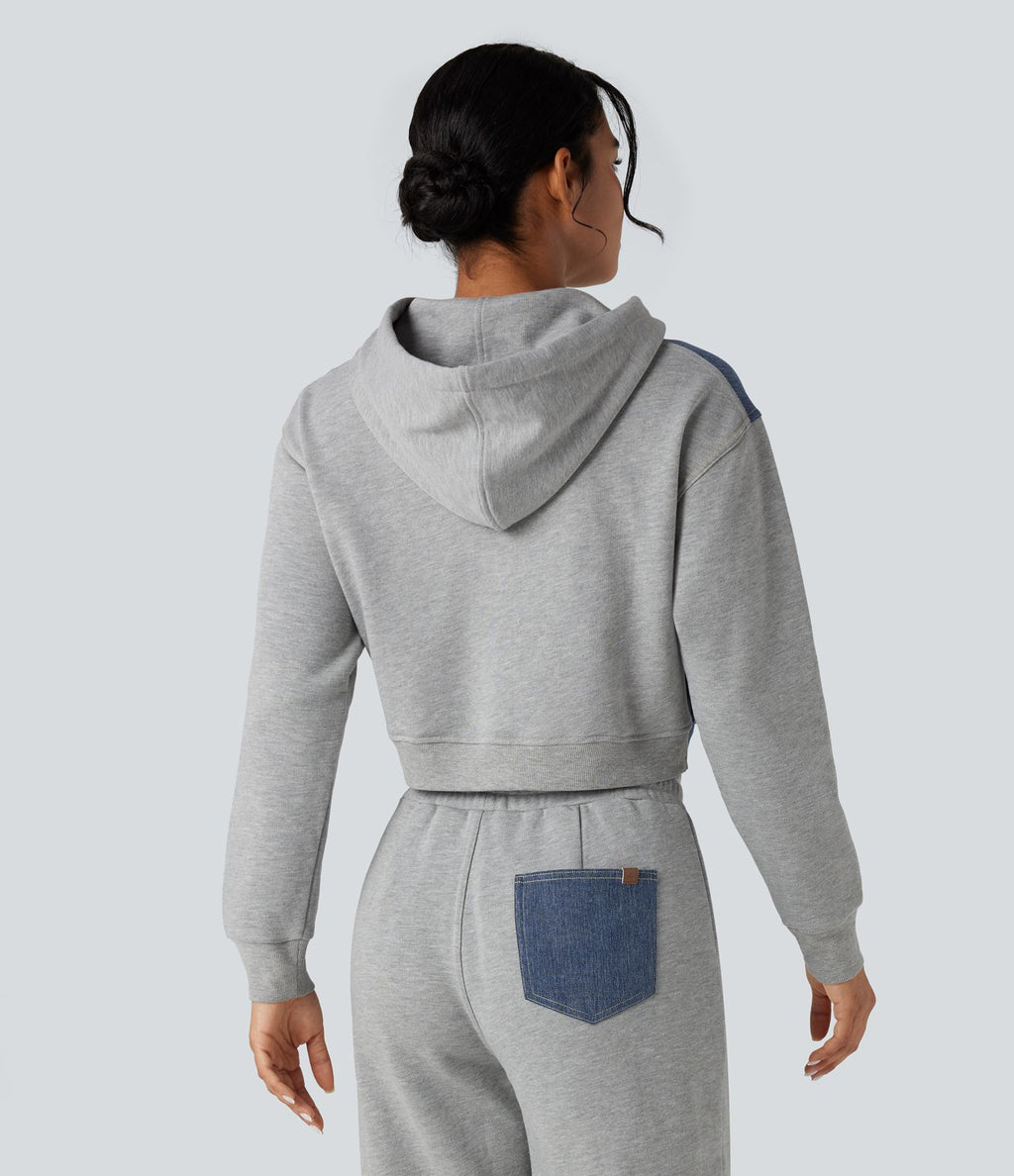 Veste en jean patchwork à capuche avec cordon de serrage et manches longues Halara Flex™
