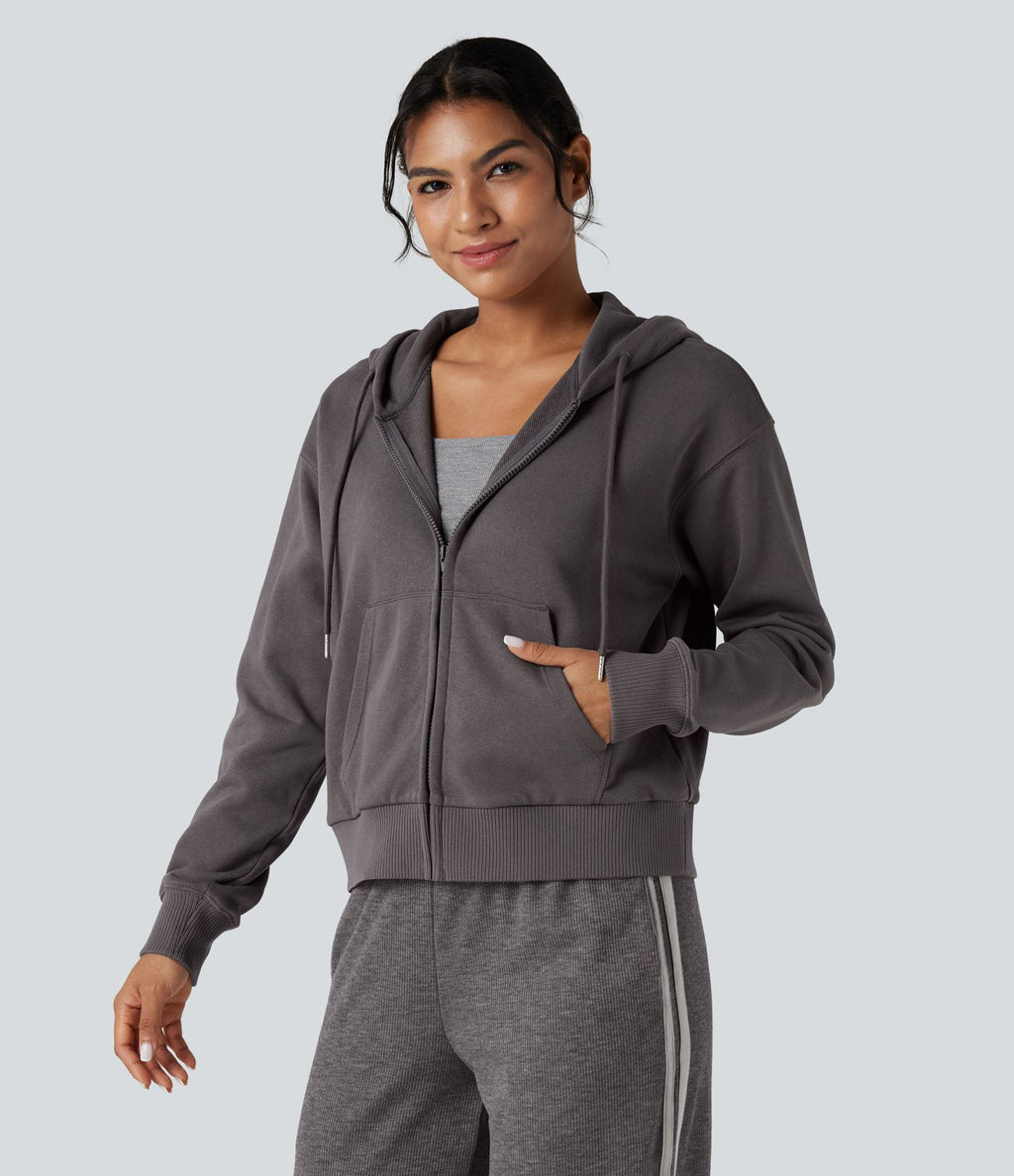 Sweat-shirt coton décontracté à capuche avec fermeture éclair et poches