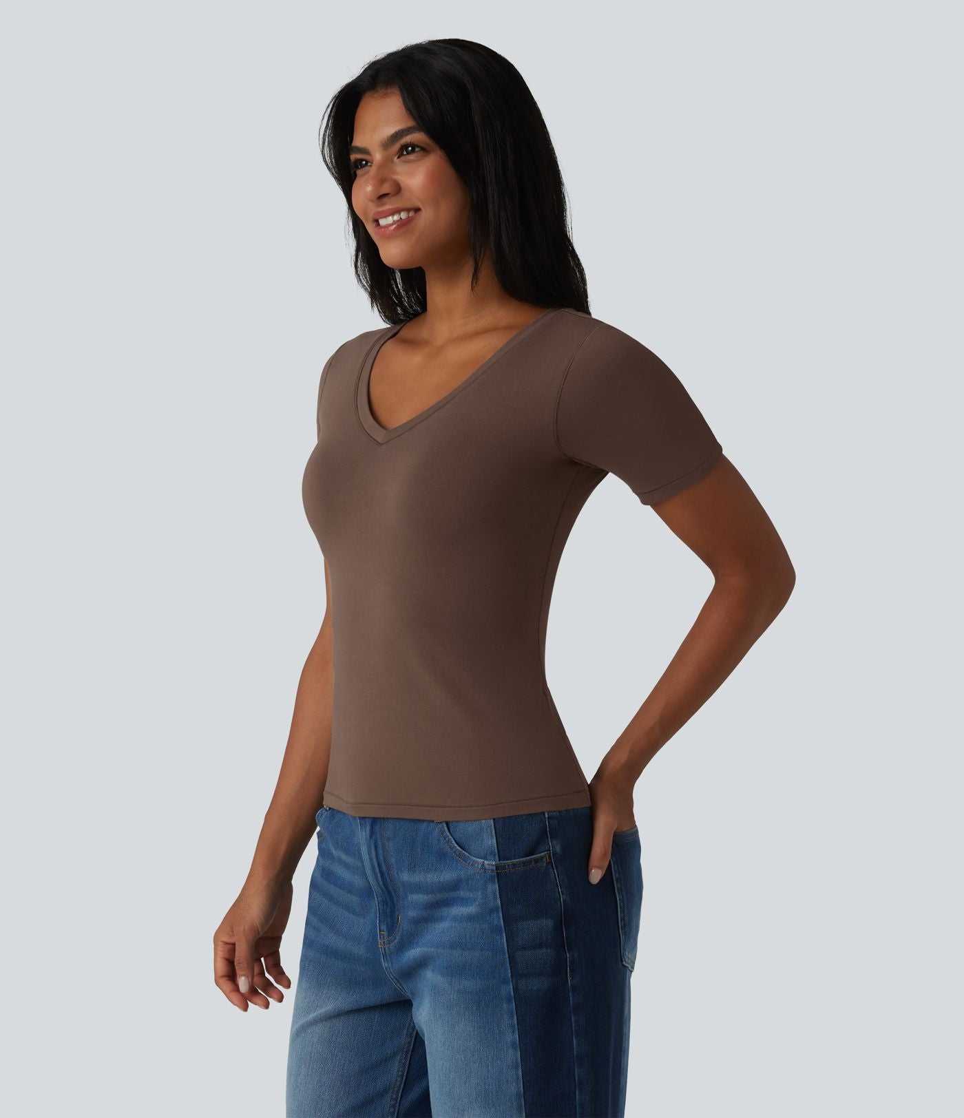 Halara T-shirt décontracté en jersey de coton col V manches courtes avec soutien-gorge intégré bonnets B-DD