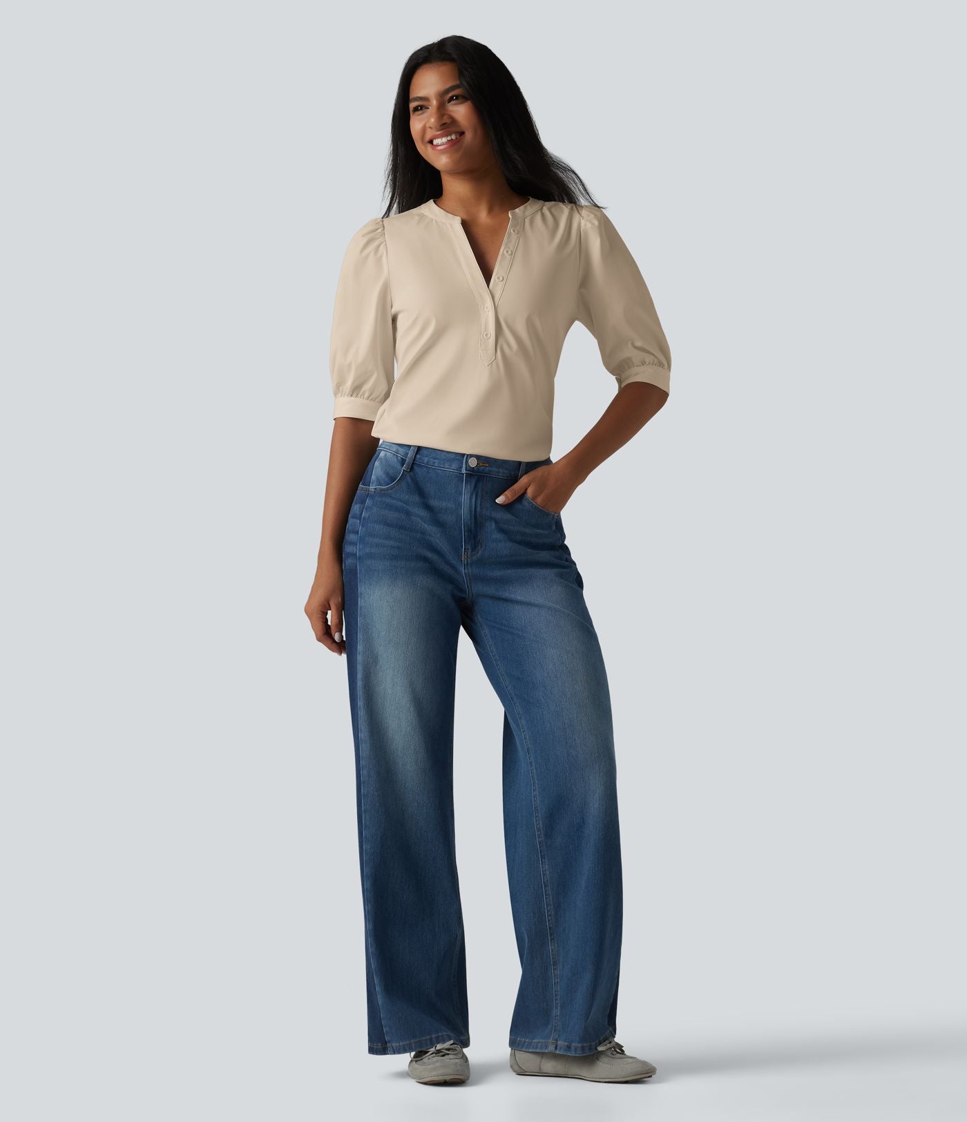 Blouse décontractée col Henley manches bouffantes mi-longues