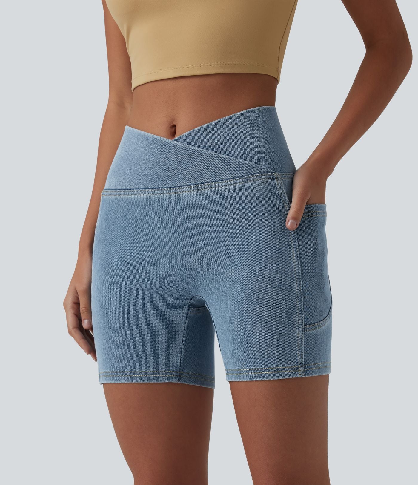 Short denim skinny décontracté Halara Flex™ croisé gainant taille haute 12,5 cm avec poches
