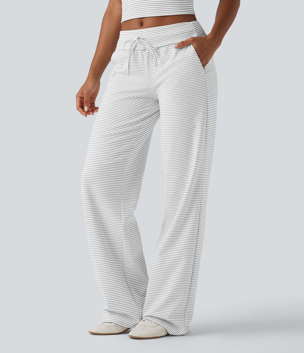 Pantalon décontracté droit à rayures taille basse repliable avec cordon de serrage et poches