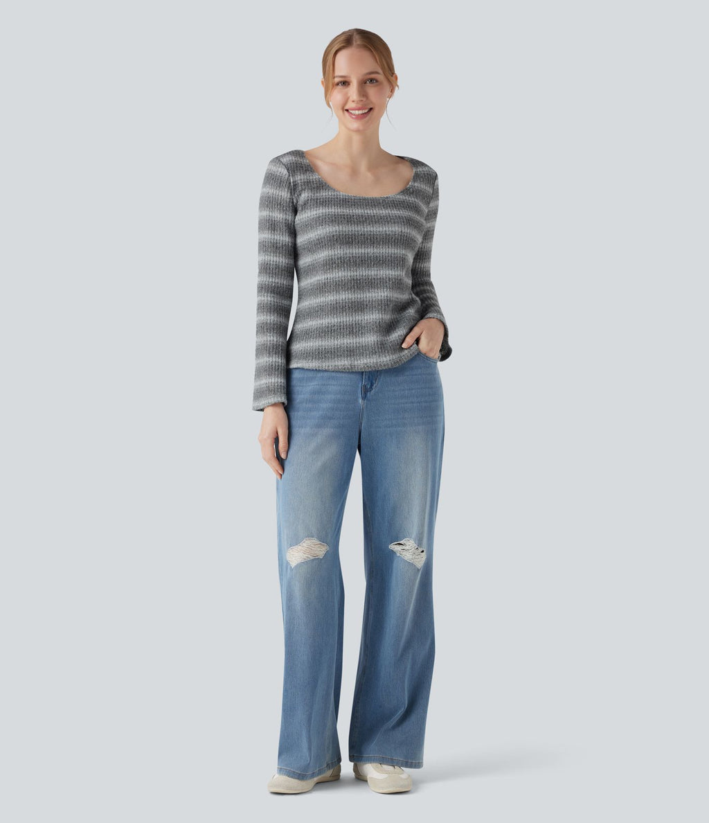 T-shirt tricoté décolleté rond à manches longues en maille gaufrée à rayures dégradées