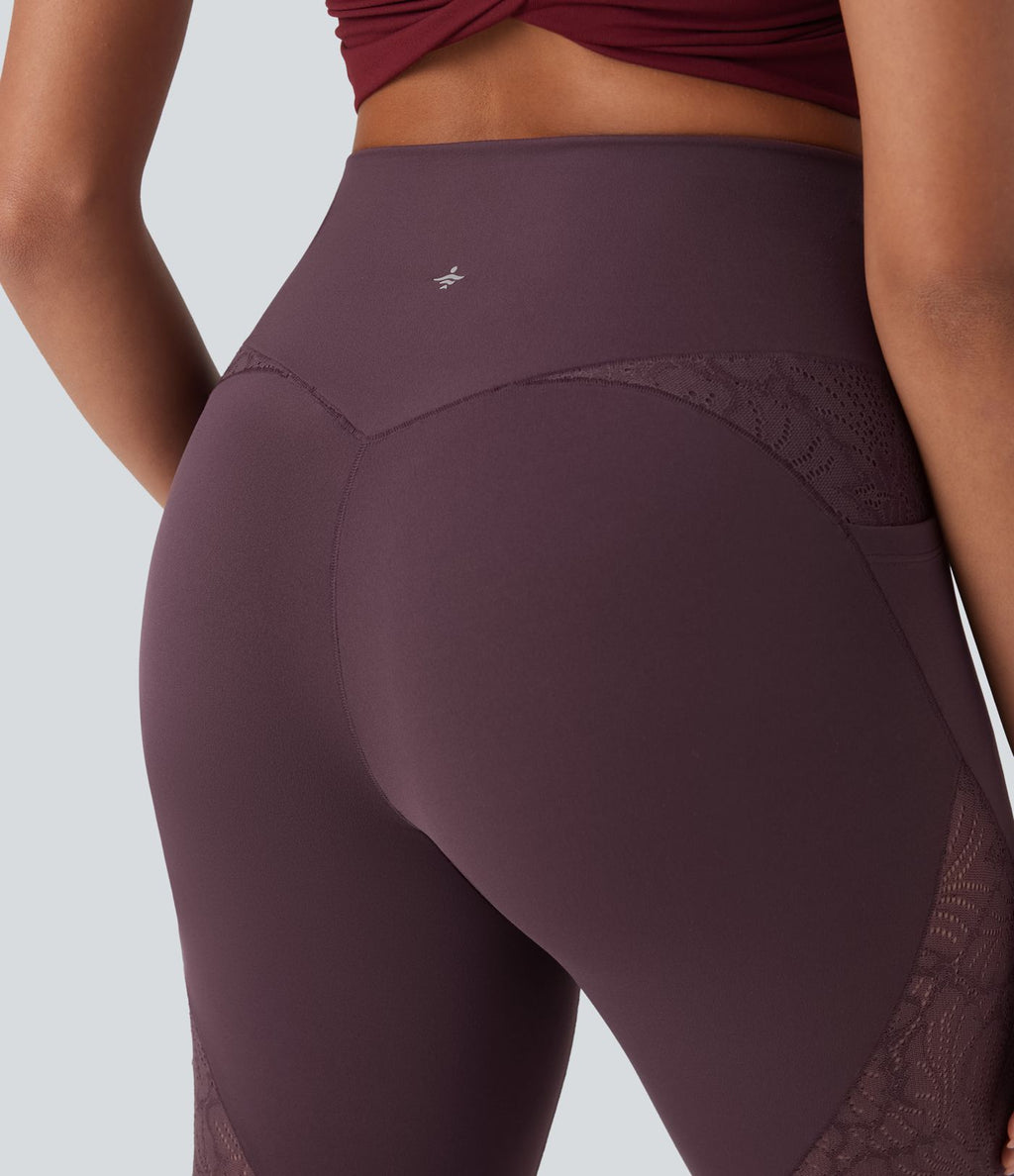 Legging de yoga 7/8 taille haute avec poches latérales, dos croisé et dentelle contrastante Softlyzero™-UPF50+