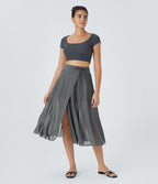 Jupe Casual Évasée Mesh Mi-Longue Fuide 2 en 1 Contrastée Taille Haute Cordon Poche Latérale