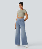 Halara Flex™ Jean Large Casual Taille Haute Poches Multiples Tricot Extensible Délavé