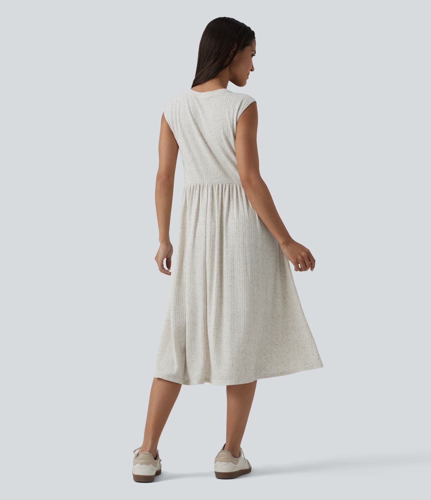 Robe midi fluide décontractée maille côtelée mélange lin col rond sans manches