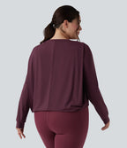 Haut de yoga grande taille à col rond, manches longues et fronces - UPF50+