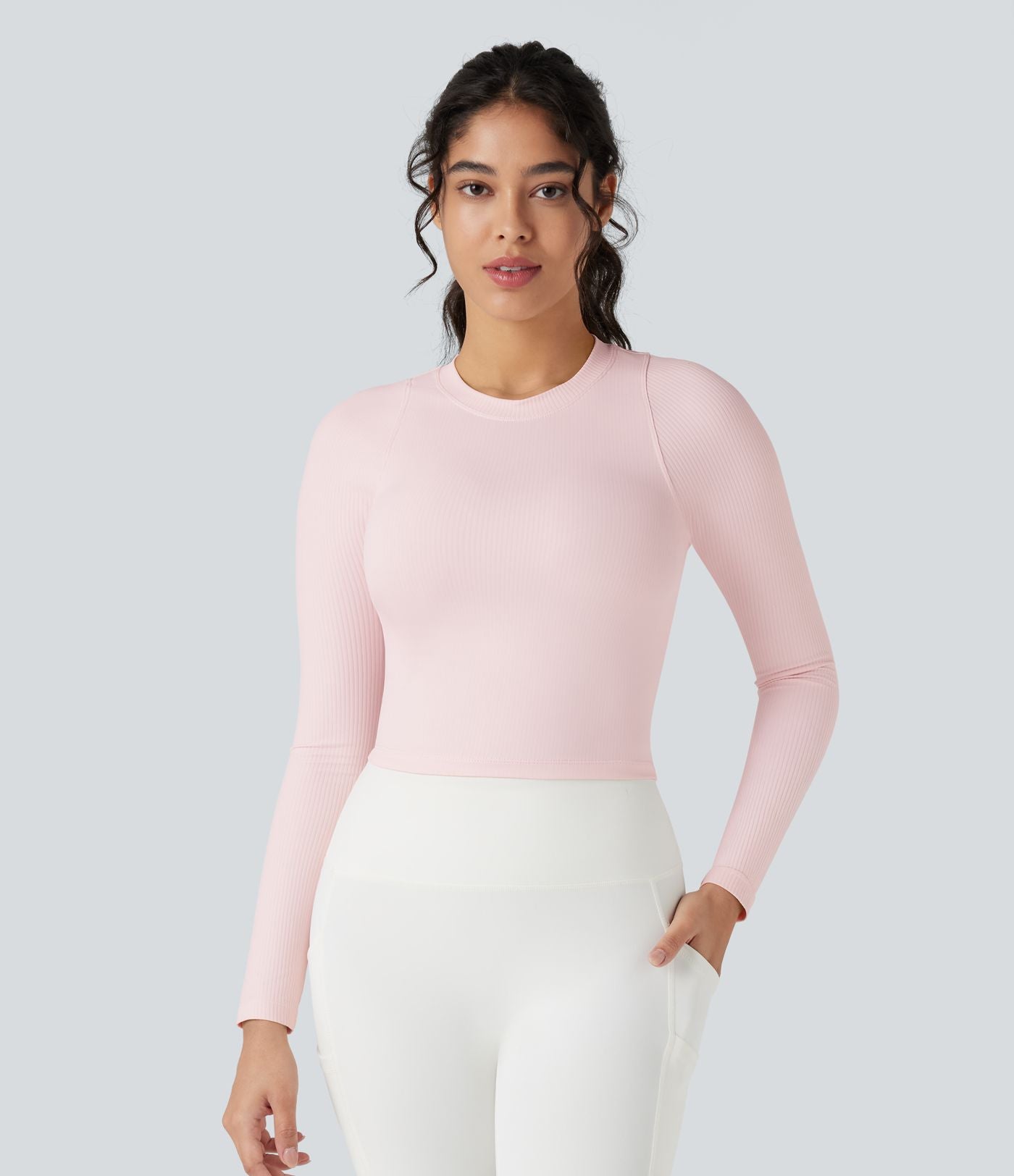 Top de sport yoga ajusté côtelé maille col rond manches longues