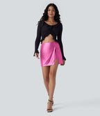 Mini-jupe moulante 2-en-1 SoftlyZero™ taille haute en simili, ourlet, effet sparkle métalisé, extensible avec poches