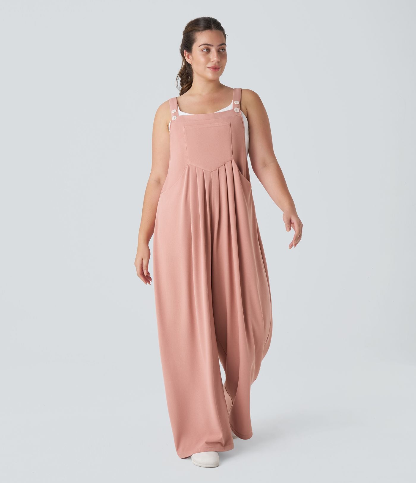 Salopette Casual Grande Taille en Gaufré avec Bretelles Ajustables Boutons et Poches Multiples