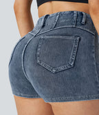 Halara Flex™ Short 5cmCasual Taille Haute en Denim Tricoté Stretch avec Boutons Décoratifs et Poches Arrière